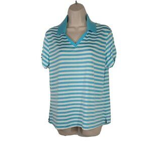 Slazenger Vneck Shirt Collared Golf Women Size L Blue White Striped Short Sleeve
